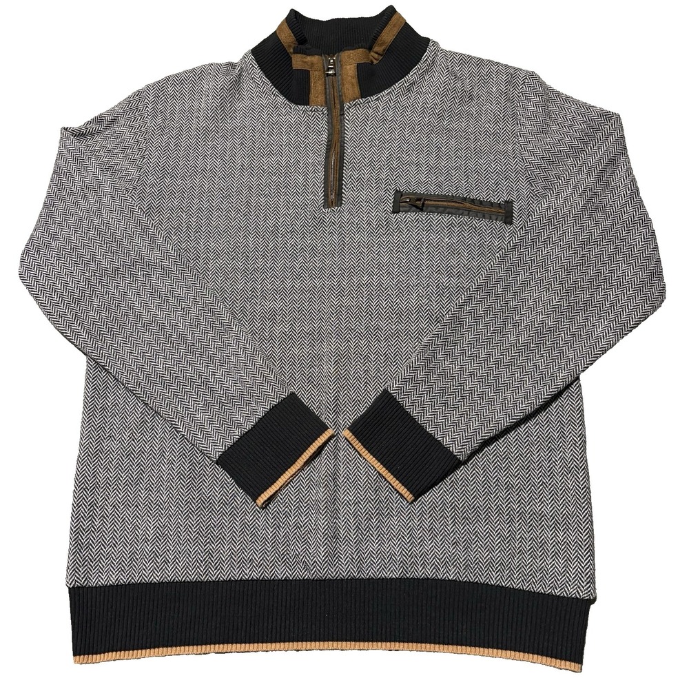 Dewberry Quarter Zip Sweater Mens XL Gray Herringbone Suede Mock Neck‎ Pullover